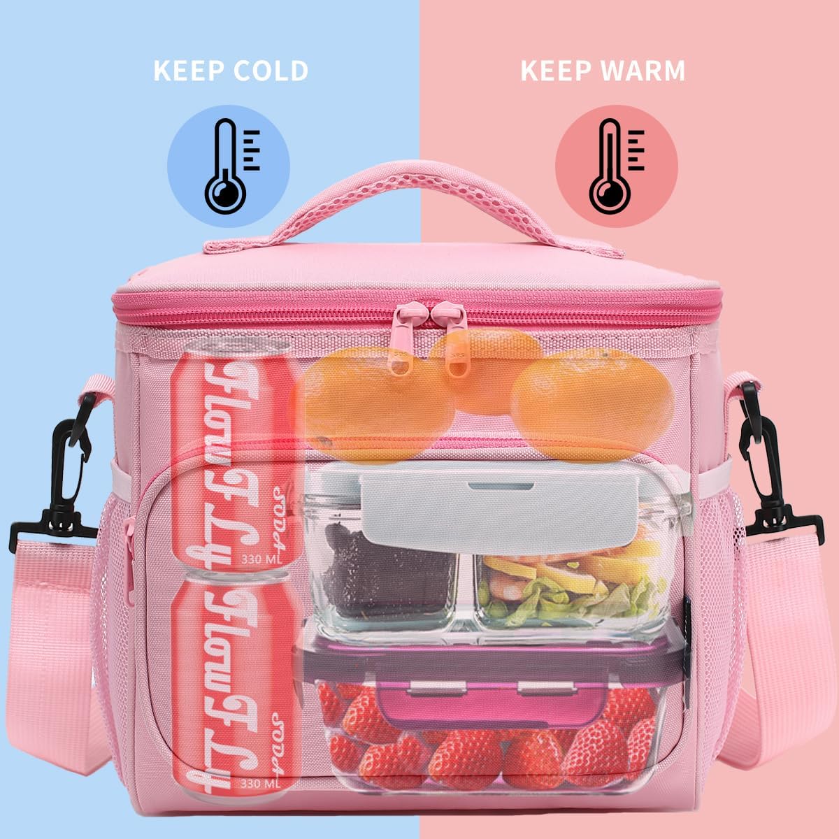 FlowFly Insulated Reusable Lunch Bag Adult Large Lunch Box for Women and Men with Adjustable Shoulder Strap,Front Zipper Pocket and Dual Large Mesh Side Pockets,Cherry - Colors A