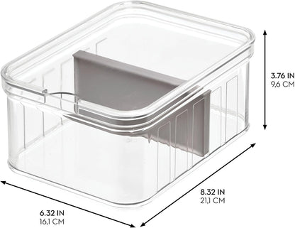 iDesign Small Fridge Organizer Bin with Removable Divider and Lid - Set of 6 - Clear/Gray