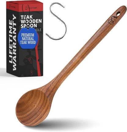 PriorityChef Wooden Slotted Spoon - Premium Teak Cooking Utensil for Frying, Straining & Serving - Long Handle Kitchen Spoon for Nonstick Cookware - Handcrafted Durable Wood