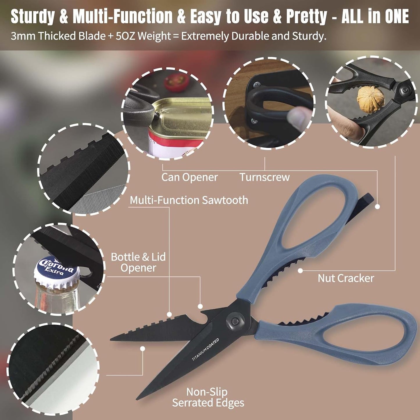 Kitchen Scissors All Purpose, Extra Sharp Kitchen Shears with Knife Sharpener & Sheath, Solid & Durable Stainless Steel Scissors with ANTI-RUST Black Titanium Plated, Dishwasher Safe - Black