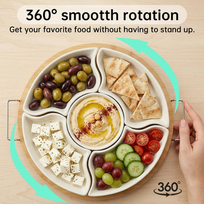360° Rotating Chip and Dip Set, 12" Divided Serving Tray for Entertaining, Relish Tray for Party, Lazy Susan Taco Bar, Appetizer Serving Platter for Veggies, Candy, Fruit and Snacks
