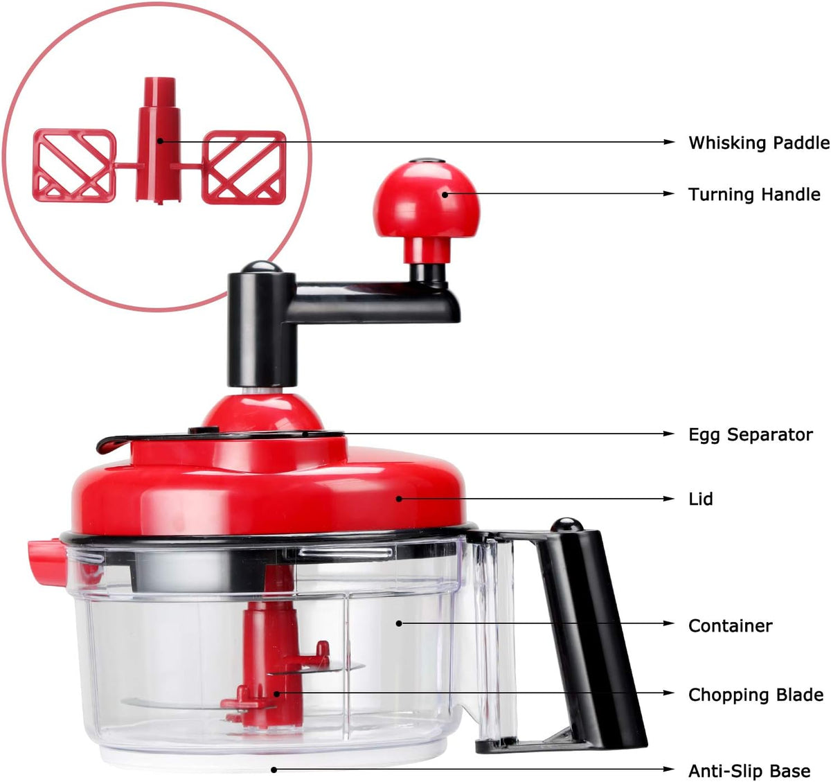 Cambom Manual Vegetable Cutter Food Processor 8 in 1 - Chopper, Mixer, Blender, Whipper, Egg Separator, Mincer, Grinder, Dicer with Clear Container 1200ml BPA Free