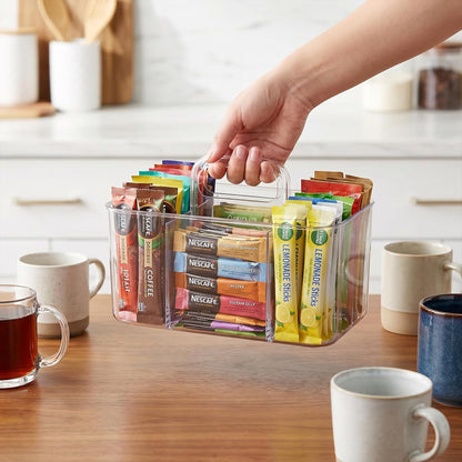 Drink Packet Organizer, Powder Packet with handle,Powdered Drink Mix,Acrylic Water Flavor Packet Organization Container with Removable Dividers for Storage Bins for Kitchen, Pantry, Office
