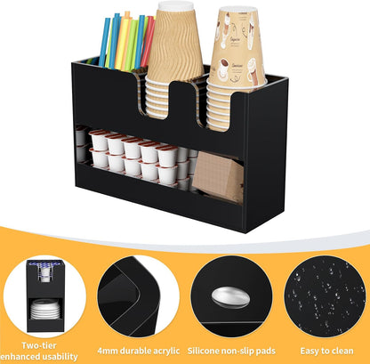 Coffee Condiment and Cup Organizer - 2-Tier Upright Cup and Lid Holder with Straw Organizer 2 Compartments Clear Acrylic Cup Dispenser for Restaurant Breakroom Coffee Station Countertop