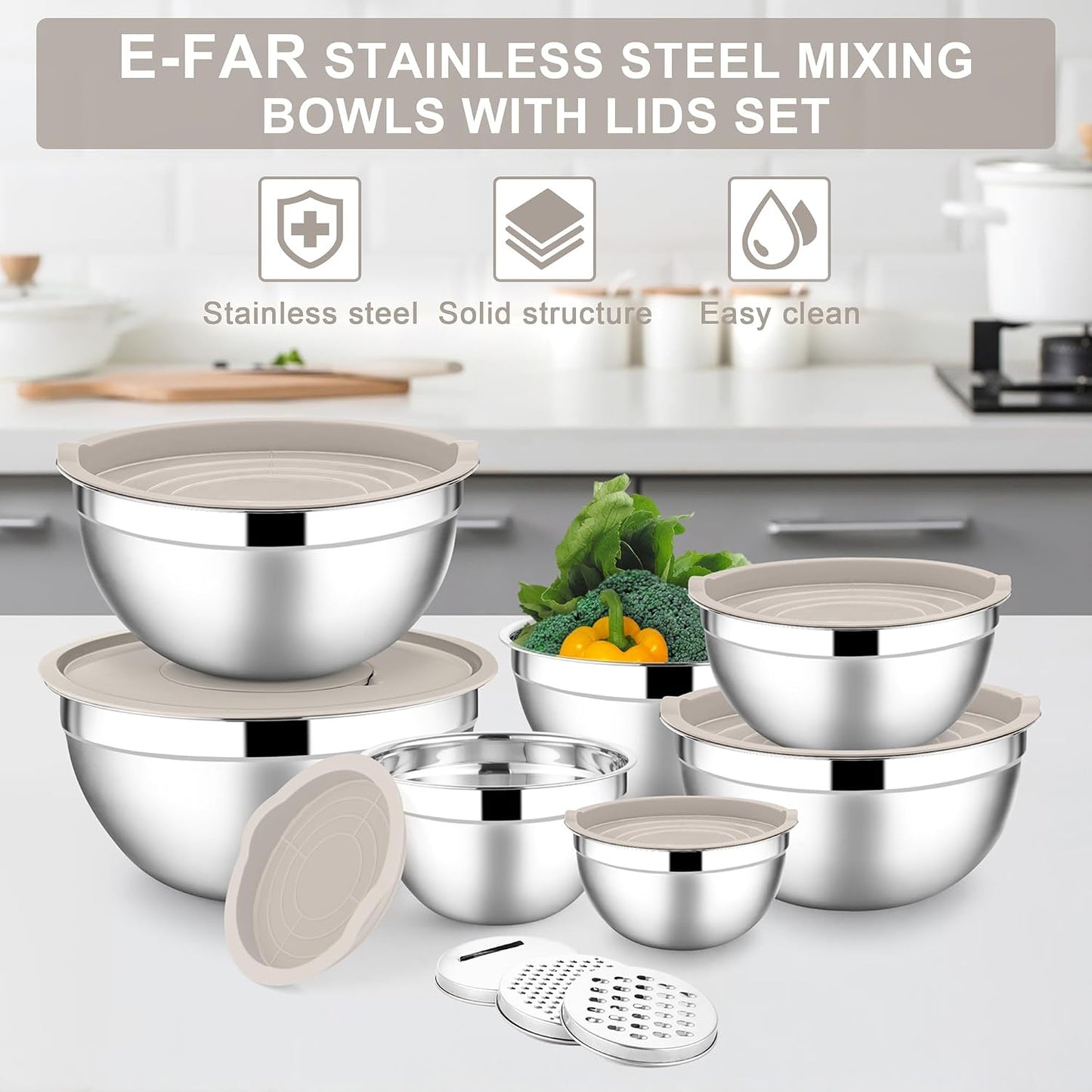 E-far Stainless Steel Mixing Bowls with Lids Set, 5-Piece Nesting Salad Bowls with 3 Grater Attachments and Non-Slip Bottoms, Size 4.6, 2.6, 2, 1.5, 1QT for Kitchen (Khaki)
