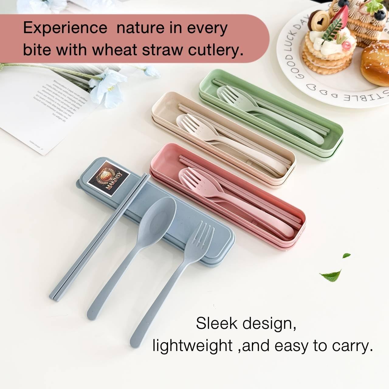 Wheat Straw Cutlery Set – Reusable Travel Utensils with Case – Portable Fork, Spoon & Chopsticks – Eco-Friendly Flatware for Kids & Adults – Lightweight Lunch Box Accessories for Work (green)