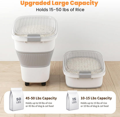 50 Lbs Rice Storage Container with Wheels, Collapsible Airtight Rice Holder with Transparent Lid, Measuring Cup, Scoop, Handle, BPA Free Food Storage Container for Pet Food, Grain, Bird Seed