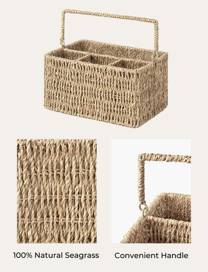 StorageWorks Wicker Silverware Organizer with Handle, Seagrass Kitchen Utensil Holder, Large Utensil Holder for Kitchen Counter, Spoon Forks Knife Cutlery Caddy, Paper Plate Dispenser for Countertop