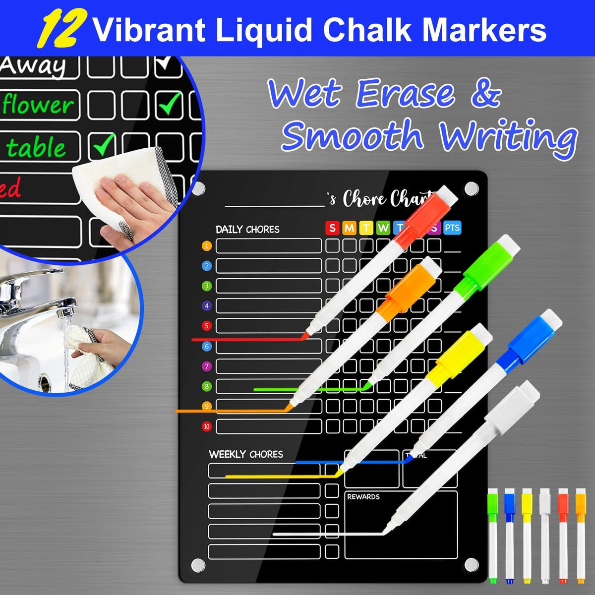 PigPotParty 2-in-1 Acrylic Magnetic Chore Chart for 2 Kids, Couples, Roommates, 15"x11" Large Dry Erase Chore Board for Fridge, Clear Weekly & Daily Reward Chart, Includes 12 Markers & Towel