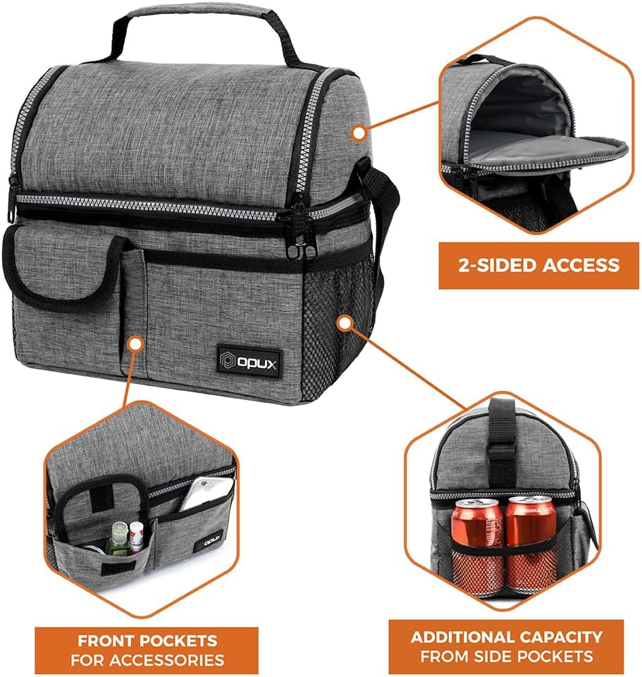 opux Insulated Lunch Bag Women Men, Dual Compartment Leakproof Lunch Box Adults Kids, Double Decker Meal Prep Bento Lunch Cooler Tote with Shoulder Strap for Work Office School Travel, Floral Purple