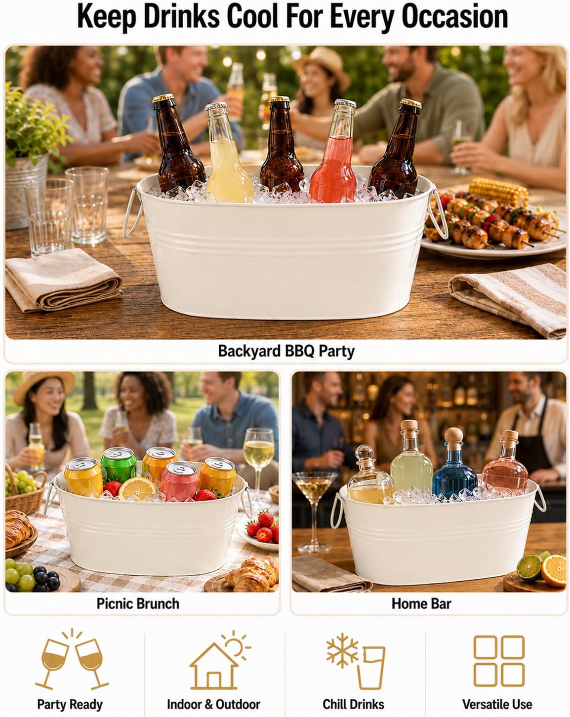 2 Pack 3 Gallon Galvanized Tub Ice Bucket, 15x7x6.5" Metal Drink Buckets for Parties, Leak-Proof Beer Beverage Tubs with Handles for Champagne Wine Mimosa Bar Supplies (White)