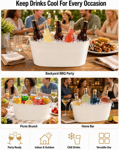 2 Pack 3 Gallon Galvanized Tub Ice Bucket, 15x7x6.5" Metal Drink Buckets for Parties, Leak-Proof Beer Beverage Tubs with Handles for Champagne Wine Mimosa Bar Supplies (White)