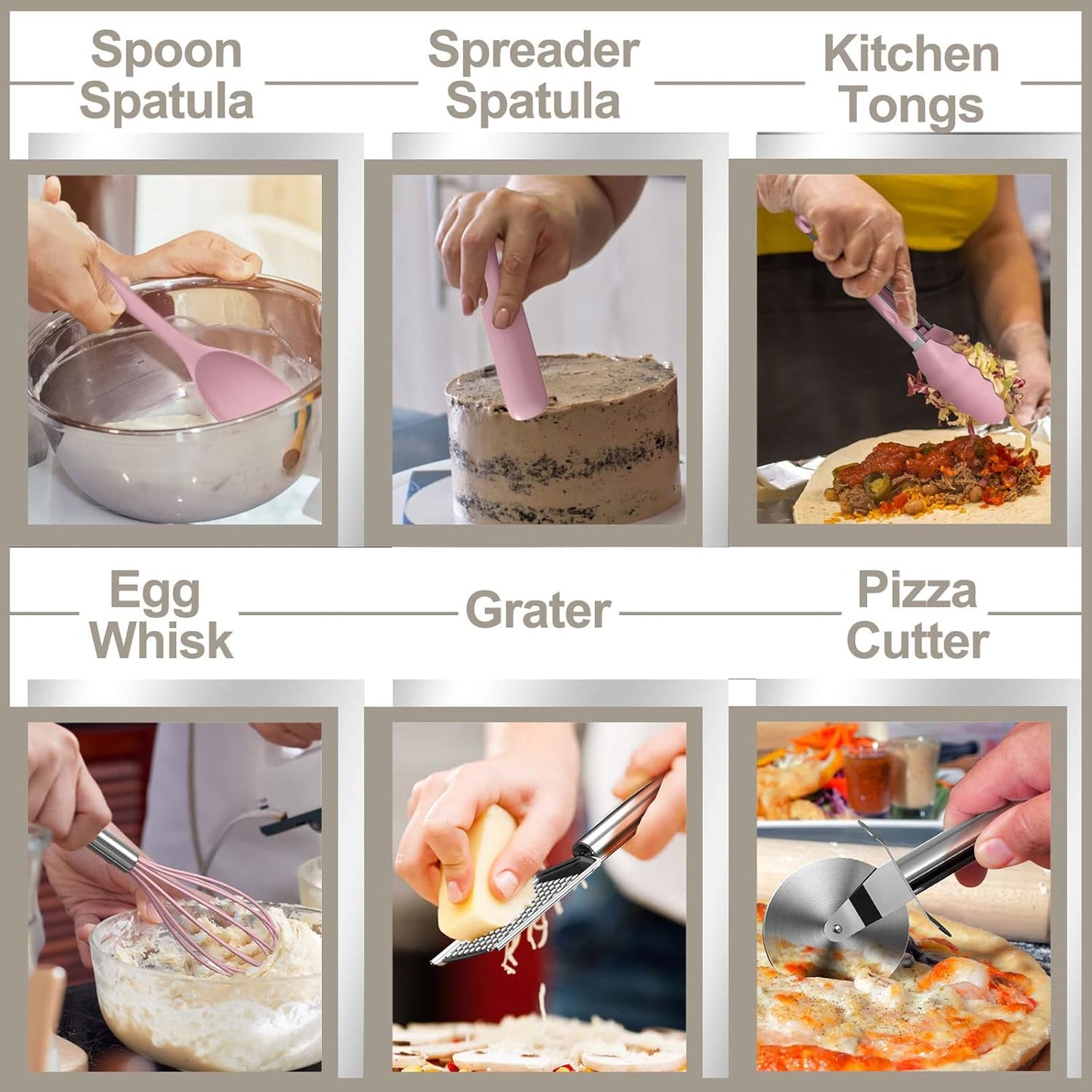 Silicone Kitchen cooking Utensils Set, AIKKIL 43 Pcs Heat Resistant Khaki Cooking Utensils Set, Turner, Tongs, Spoon, Spatula, Kitchen Gadgets Tools Set For Nonstick Cookware(Dishwasher, BPA Free)