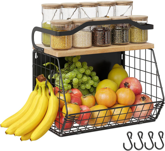 Mefirt 2pcs Fruit Basket Kitchen Storage Basket with Wood Lid, Stackable Wall Basket Fruit Basket for Kitchen, Countertop Organizer for Snack, Fruit and Veggie Storage, 11.8 x 7.9 x 8.5 Inch