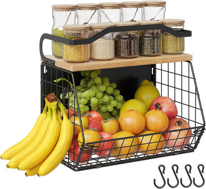 Mefirt Fruit Basket, 2-Tier Fruit Bowl for Kitchen Counter, Stackable Wall Mounted Fruit Storage, Snack Organizer, Potato and Onion Storage Basket, Hanging Pantry Storage with Wood Lid, 2 Set, White