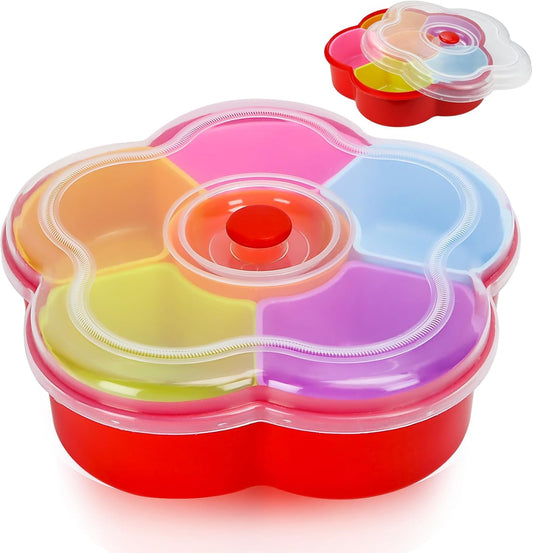 Divided Snack Serving Tray with Lid, Reusable Veggie Tray Snackle Box Container, Colored Flower Shaped Fruit Trays Large, Candy and Nut Snack Tray Appetizer Platter for Party, Travel