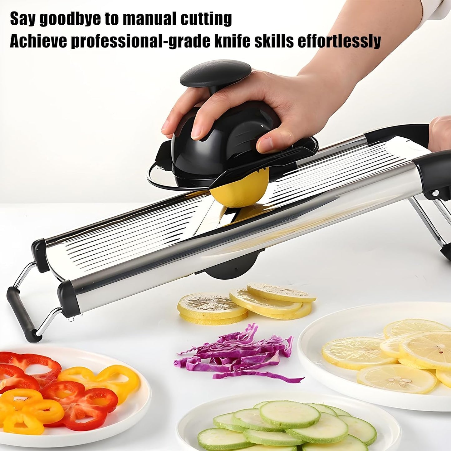 Mandoline Food Slicer for Kitchen, Adjustable Stainless Steel Mandoline Vegetable Slicer, Onion/Potato Slicer/French Fry Cutter, 6-Piece Fruit & Vegetable Cutting Set (Black/Silver)