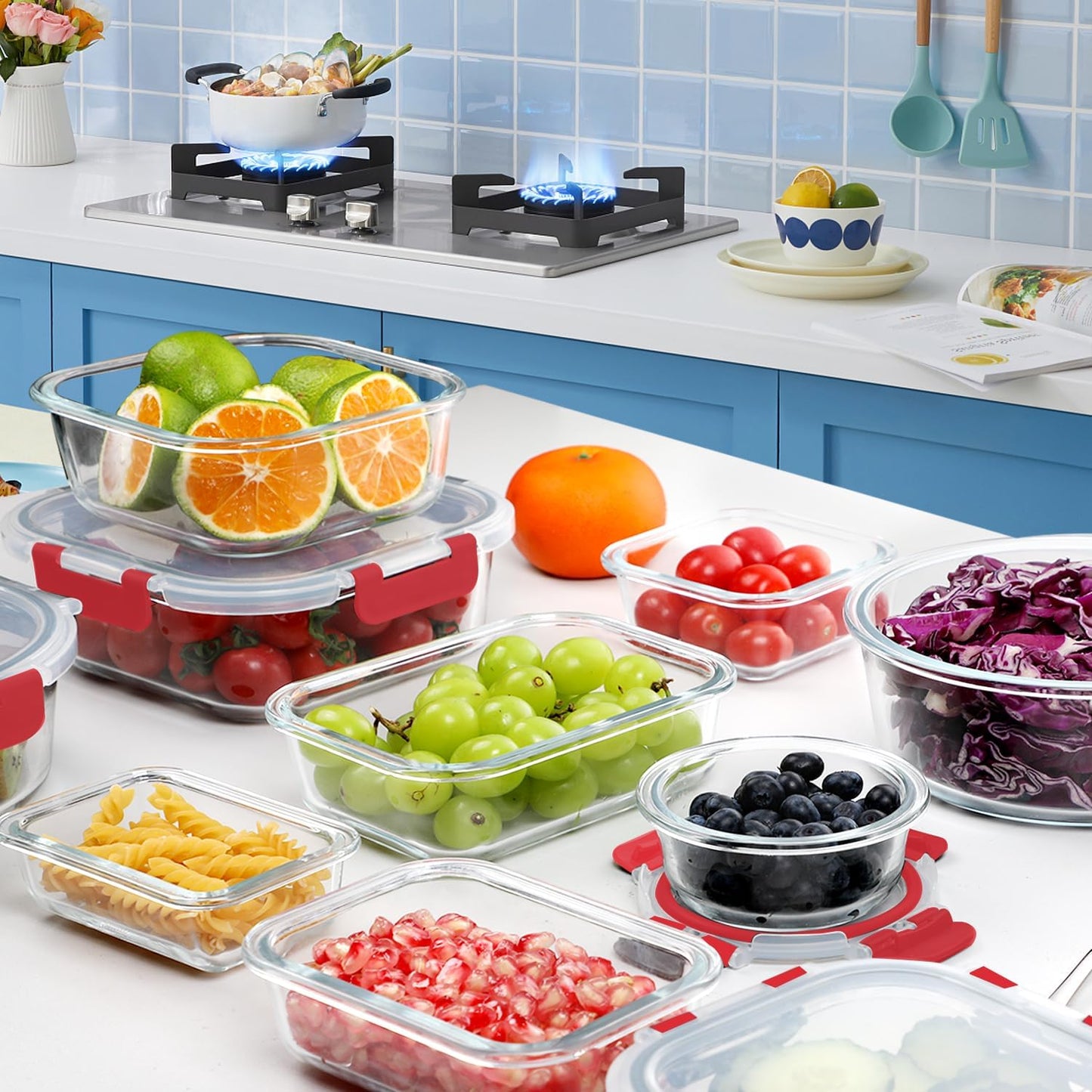 VERONES 30 Pieces Glass Meal Prep Containers Set, Stackable Glass Food Storage Containers with Lids-Airtight Lunch Containers，for Microwave, Oven, Freezer & Dishwasher,Grey