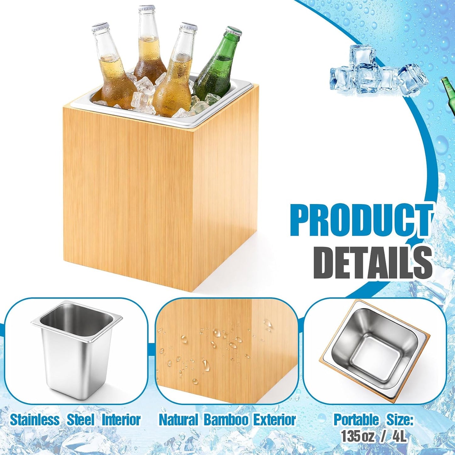 Honeydak Large Ice Housing Bin with Removable Tray Ice Holder Container Wine Beer Champagne Drink Bucket Beverage Tub for Freezer Display Buffet Counter Party Chiller (Bamboo and Steel)