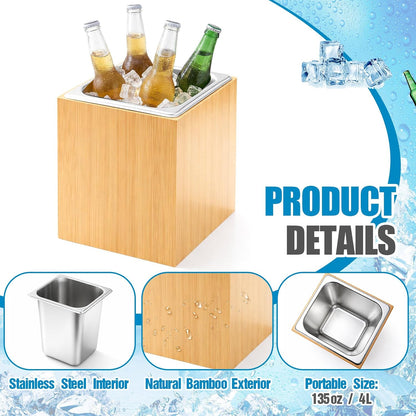 Honeydak Large Ice Housing Bin with Removable Tray Ice Holder Container Wine Beer Champagne Drink Bucket Beverage Tub for Freezer Display Buffet Counter Party Chiller (Bamboo and Steel)