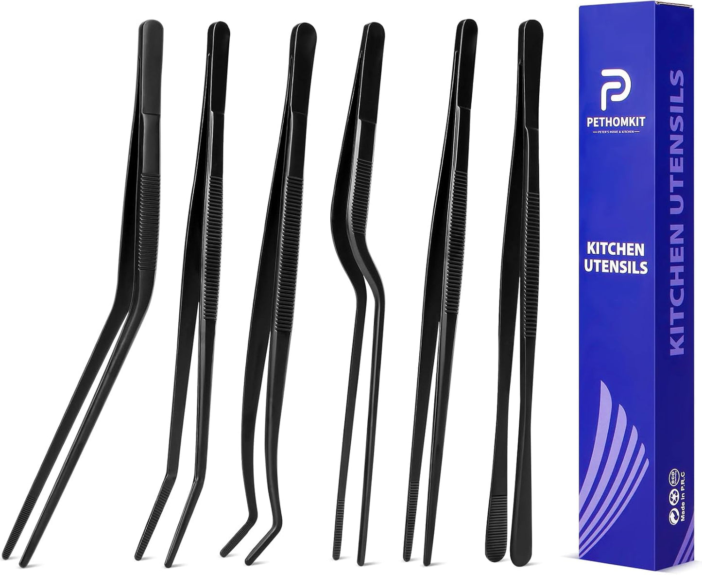 Kitchen Tweezer Tongs Set,6 Pcs Kitchen Tweezers,6.3" Cooking Tweezers Set,Stainless-Steel Food Chef Culinary Tweezers Tongs for Baking Decorating Feeding Plating,Black
