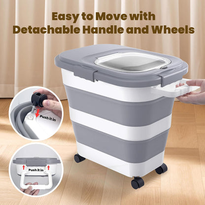 HOYTAMDA 25-40Lbs Rice Container,Collapsible Airtight Food Storage Containers with Wheels,Handle,Rice Storage Container with Small Bin and Scoop,Rice Dispenser for Flour Sugar Cereal Grain Dog Cat
