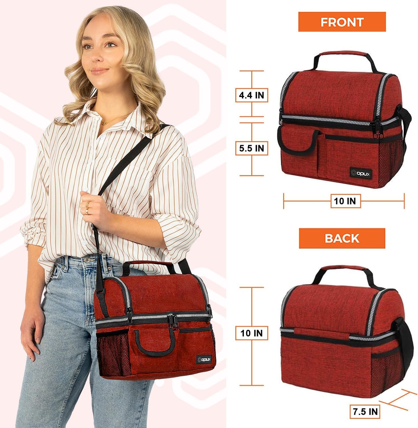 opux Insulated Lunch Bag Women Men, Dual Compartment Leakproof Lunch Box Adults Kids, Double Decker Meal Prep Bento Lunch Cooler Tote with Shoulder Strap for Work Office School Travel, Floral Purple