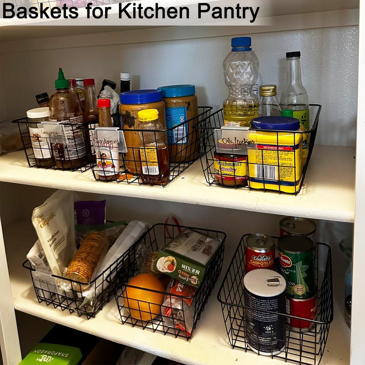 3 Pack Large Wire Baskets for Organizing 14.2'' Metal Wire Baskets with Built-in Handles, Wire Storage Basket Black Metal Freezer Organizer Wire Basket for Pantry, Cabinets, Bathroom