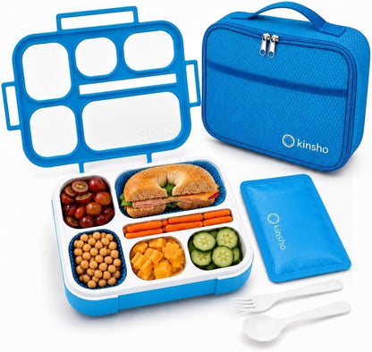 kinsho Lunch Box for Kids Boys Girls - Bento Box Set with Insulated Bag and Ice Pack, 6 Compartment Leak Proof Food Container, BPA-Free, Microwave Safe, Ideal for School & Work, Teal