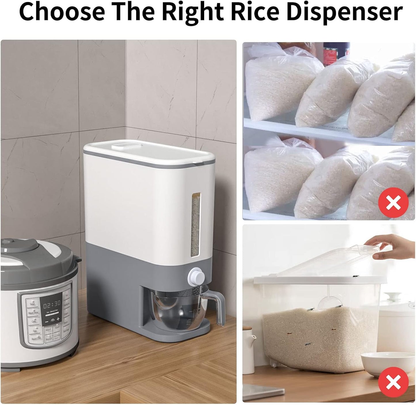 KVEYE Rice Dispenser 25 Lbs, Large Cereal Dry Food Storage Containers with Measuring Cup,Upgraded Built-in Fresh Box, Lids for Home Kitchen Pantry Soybean Corn ‎Gray (Y-2)
