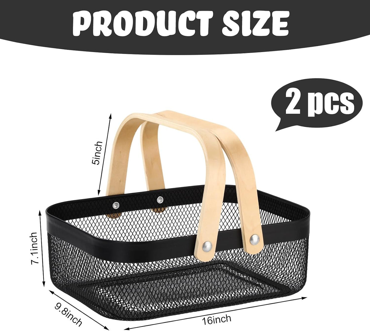 Sadnyy 2 Pcs Black Metal Wire Storage Basket with Handle Mesh Harvest Durable Vegetables Fruit Toy Basket for Garden Organizing, Kitchen, Countertop, Closet, Bedroom (12.6 x 9.7 x 4.3 Inch)