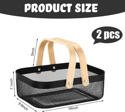 Sadnyy 2 Pcs Black Metal Wire Storage Basket with Handle Mesh Harvest Durable Vegetables Fruit Toy Basket for Garden Organizing, Kitchen, Countertop, Closet, Bedroom (12.6 x 9.7 x 4.3 Inch)
