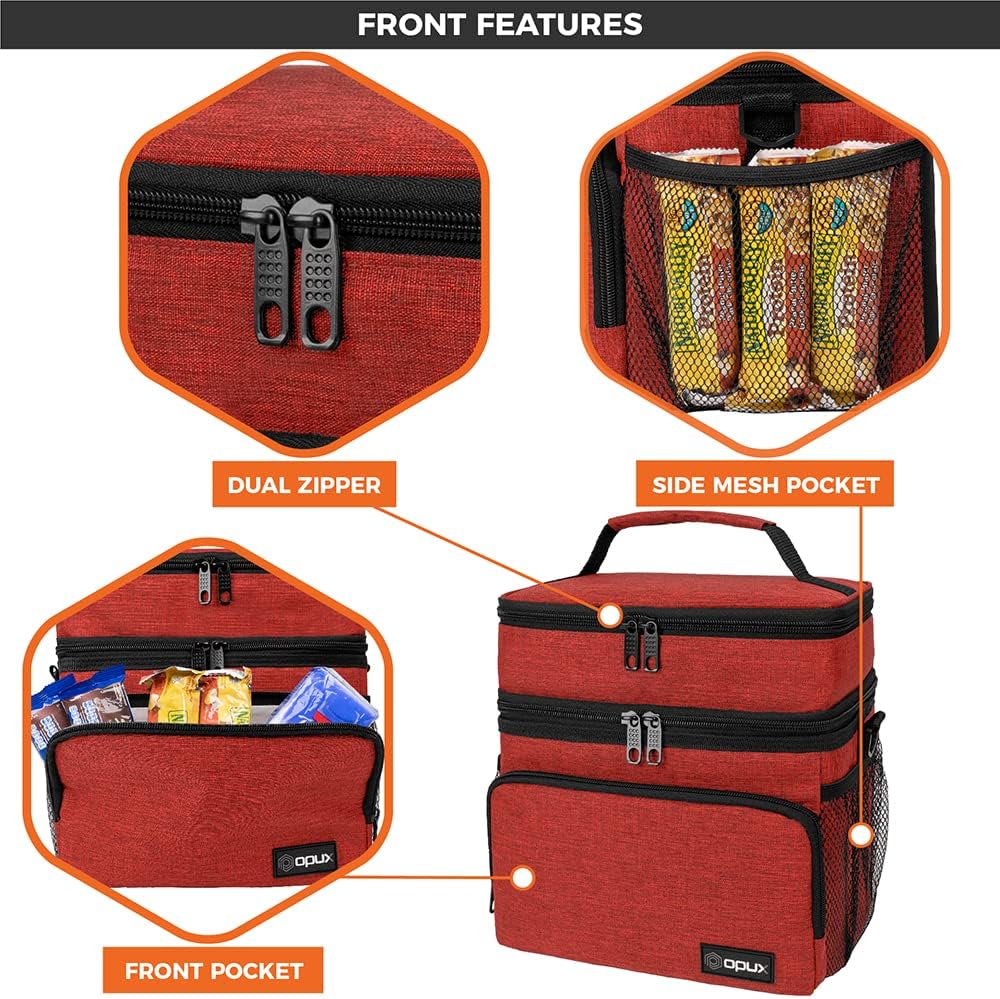 opux Insulated Lunch Bag for Men Women, Large Dual Compartment Cooler Bag, Soft Two Deck Lunch Box for Work School Picnic, Leakproof Lunch Tote with Shoulder Strap for Kid Adult (Purple, Double Deck)