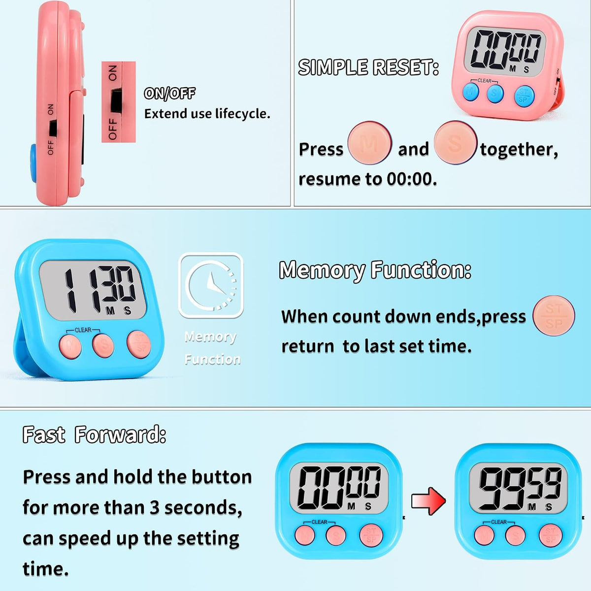 Timer for Kids Digital Kitchen Timers for Cooking- White Pink