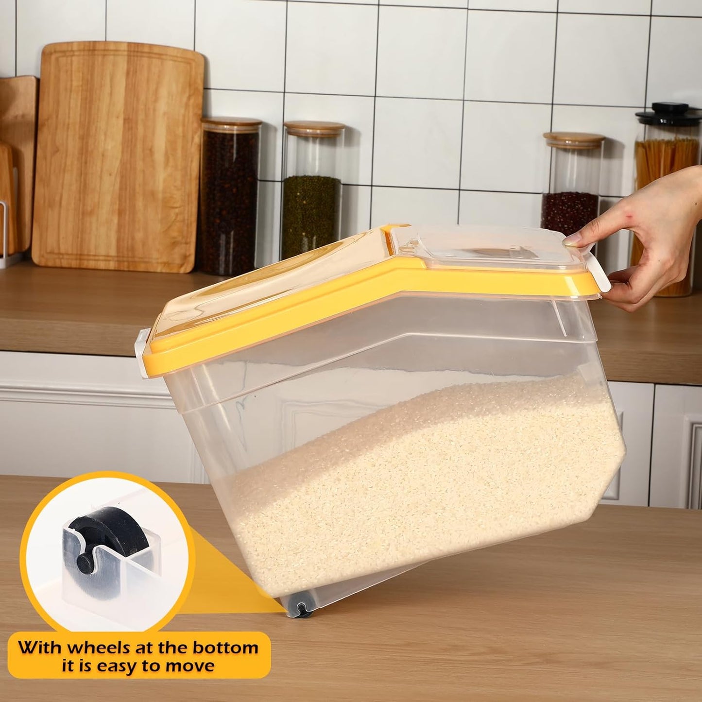 Sunnyray 4 Pcs Rice Storage Container 22 lb Airtight Flour Container with Wheels Measuring Cup Clear Pet Food Cube Dog Cat Birds Food Bin Grain Cereal Organizer Box for Dry Baking Supplies(White Lid)
