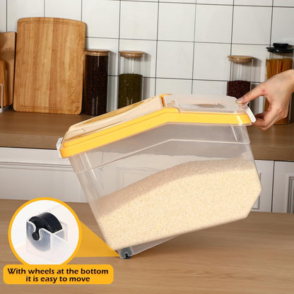 Sunnyray 4 Pcs Rice Storage Container 22 lb Airtight Flour Container with Wheels Measuring Cup Clear Pet Food Cube Dog Cat Birds Food Bin Grain Cereal Organizer Box for Dry Baking Supplies(White Lid)
