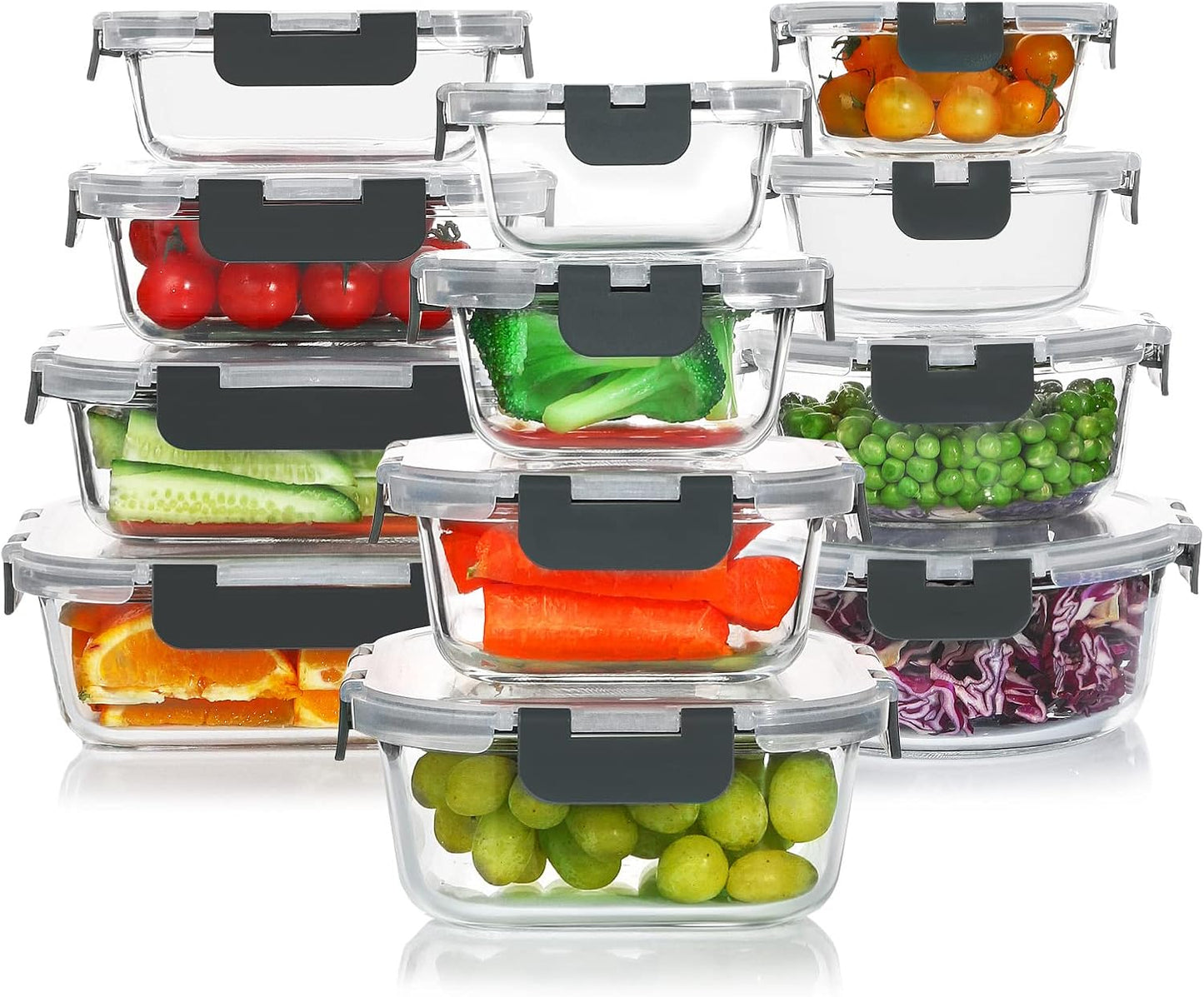 KOMUEE 24 Pieces Glass Food Storage Containers Set, Meal Prep Containers-Stackable Airtight Glass Storage Containers with lids,Freezer, Microwave, Oven Safe,Green