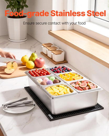 VEVOR Chilled Condiment Server Caddy, 5 Compartment Ice Cooled Serving Container, Plastic Fruit Garnish Tray Platter with Lid, for Taco Salad Bar Accessories, Party Home Restaurant Supplies