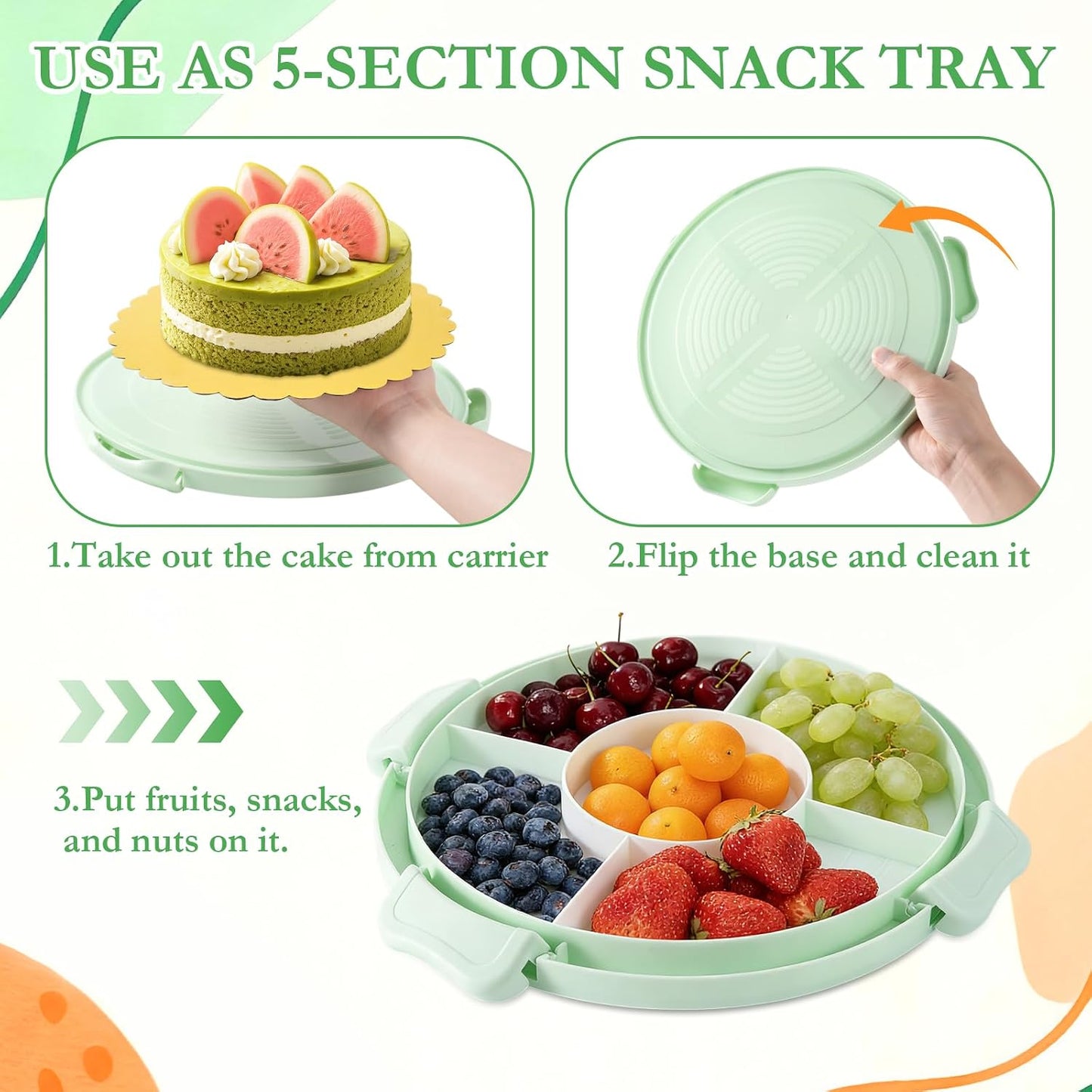 10 Inch Cake Carrier with Lid and Handle, Round Cake Container Cake Cover with 10 Inch Cake Boards & Cupcake Carrier, Portable Cake Holder with Lid for Transport Pie Nuts Fruit, Green