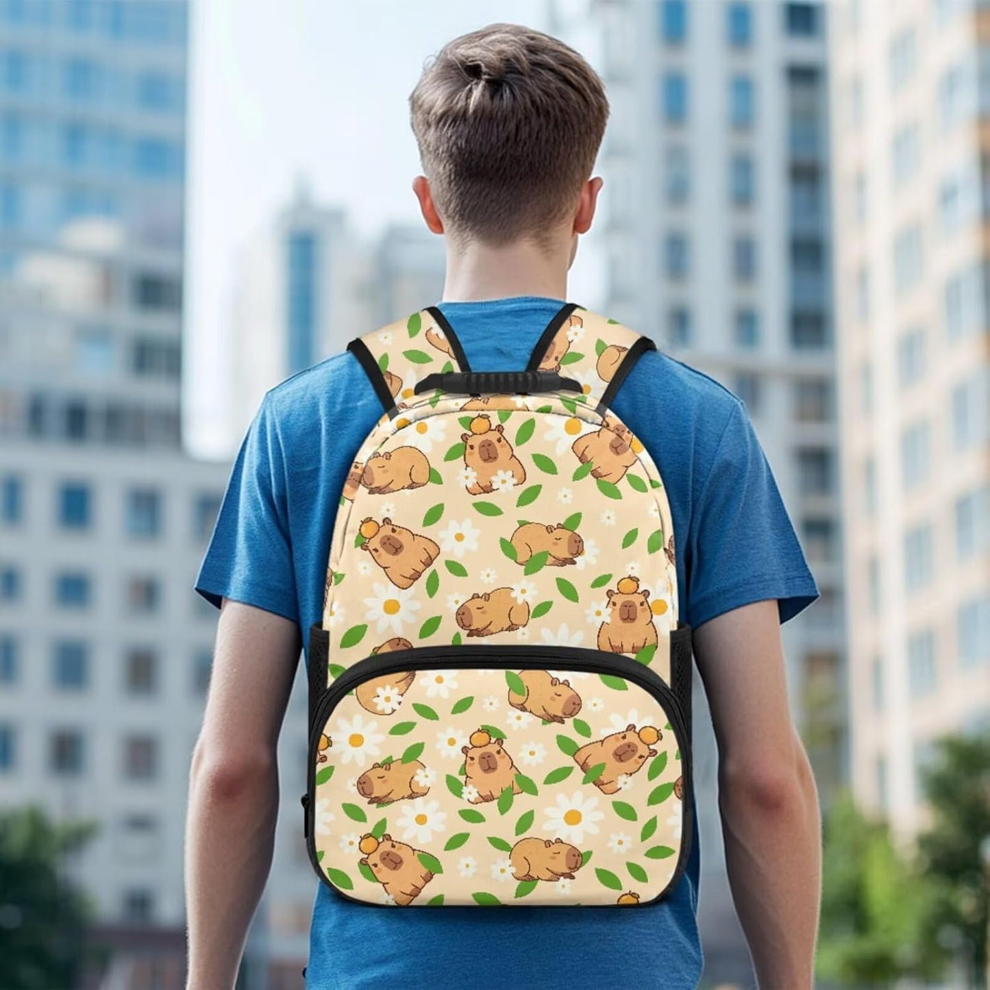 Cute Capybara Pizza Backpack for Girls, 5 Pcs Boys School Bag Set for Kids, 17 Inch Backpacks Lunch Pencil Box Reusable Utensils Case Set for Middle Elementary School, 3rd Grade Backpack