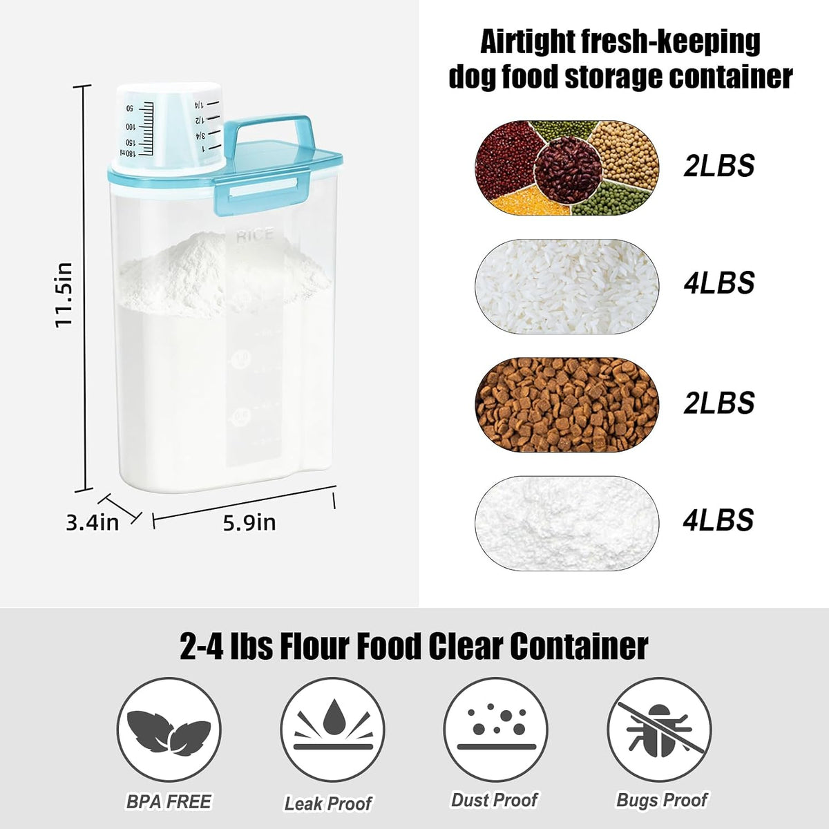 LEAWALK Airtight Rice Storage Container, 3-5Lbs Cereal Dry Food Flour Bin, Pet Dog Cat Food Dispenser with Measuring Cup, BPA Free Plastic Kitchen and Pantry Organization Bin for Sugar-Clear Grey