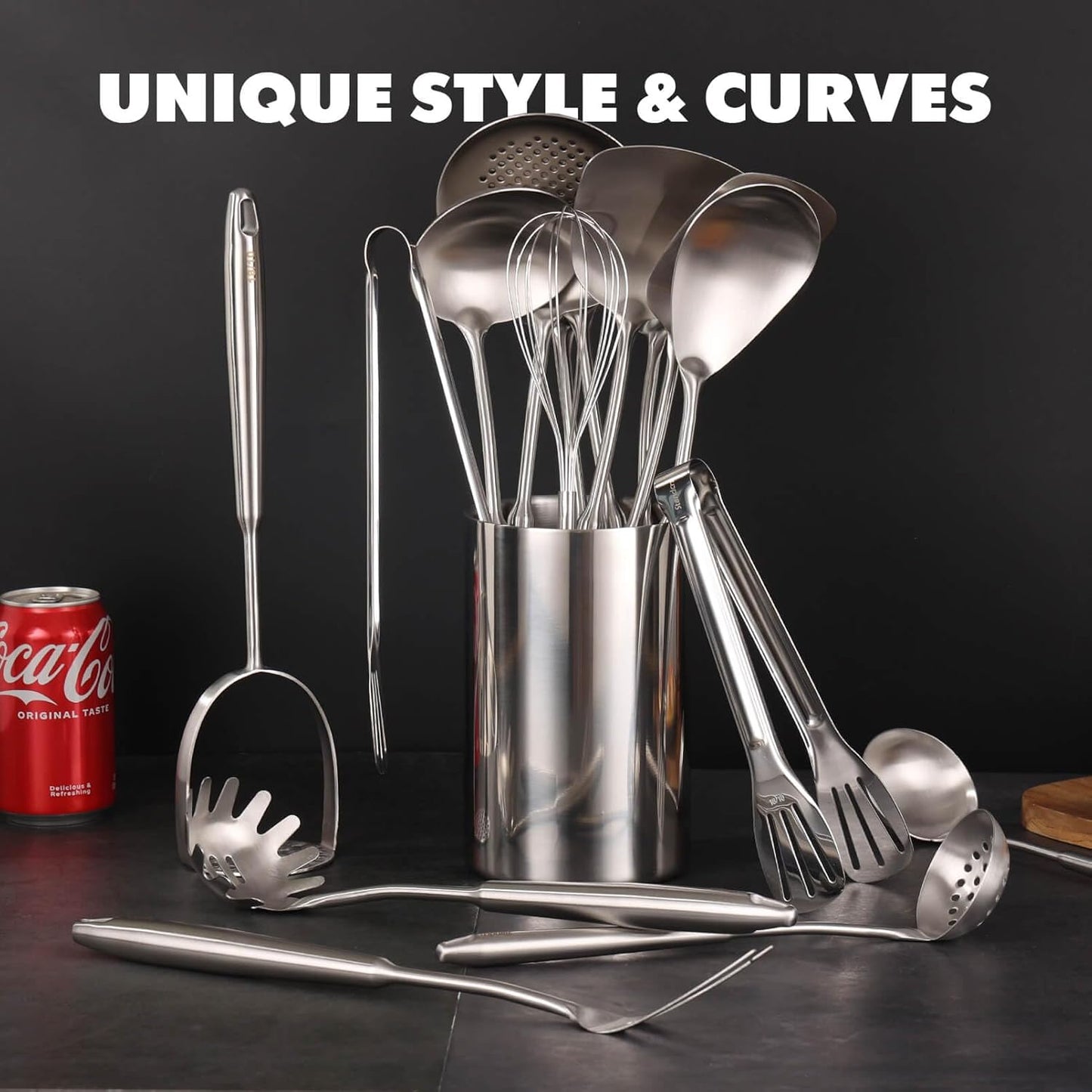 18/10 Stainless Steel Kitchen Utensils Set - 12 PCS All Metal Cooking Tools & 15″ Serving Utensils - Potato Masher, Meat Fork, Tongs, Turner, Pasta, Serving Spoon, Skimmer, Ladle, Spatula Spoon Set