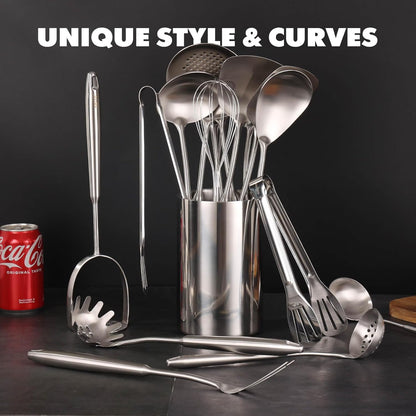 18/10 Stainless Steel Kitchen Utensils Set - 12 PCS All Metal Cooking Tools & 15″ Serving Utensils - Potato Masher, Meat Fork, Tongs, Turner, Pasta, Serving Spoon, Skimmer, Ladle, Spatula Spoon Set