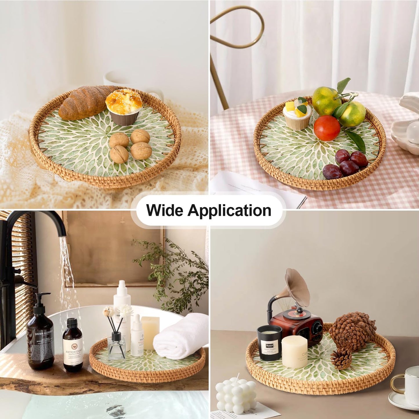 Round Rattan Tray with Mother of Pearl Inlay, Rattan Serving Tray for Coffee, Bread, Fruits, Decorative Wicker Tray for Table Decor, Home Decor, Kitchen Island Decor(Black Checkerboard, 11.8")