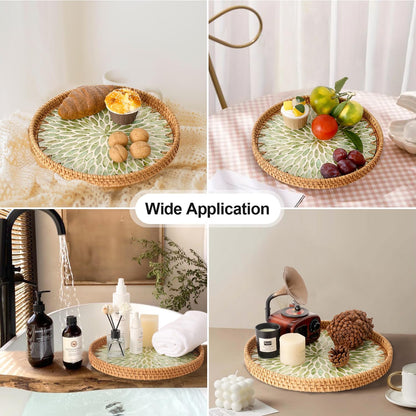 Round Rattan Tray with Mother of Pearl Inlay, Rattan Serving Tray for Coffee, Bread, Fruits, Decorative Wicker Tray for Table Decor, Home Decor, Kitchen Island Decor(Black Checkerboard, 11.8")