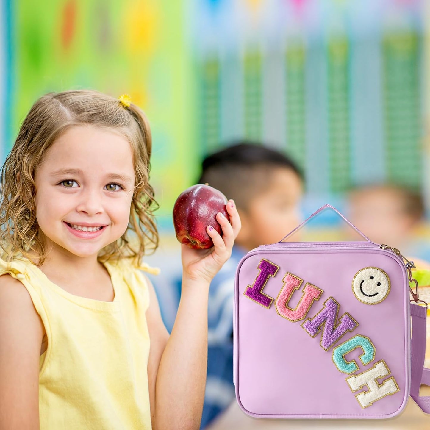 Insulated Lunch Bag With Adjustable Shoulder Strap, Nylon Preppy Lunch Box Large Insulated Lunch Bag Reusable Lunch Tote Bag with Smiley Preppy LunchBag for Girls School Travel Picnic (Green)