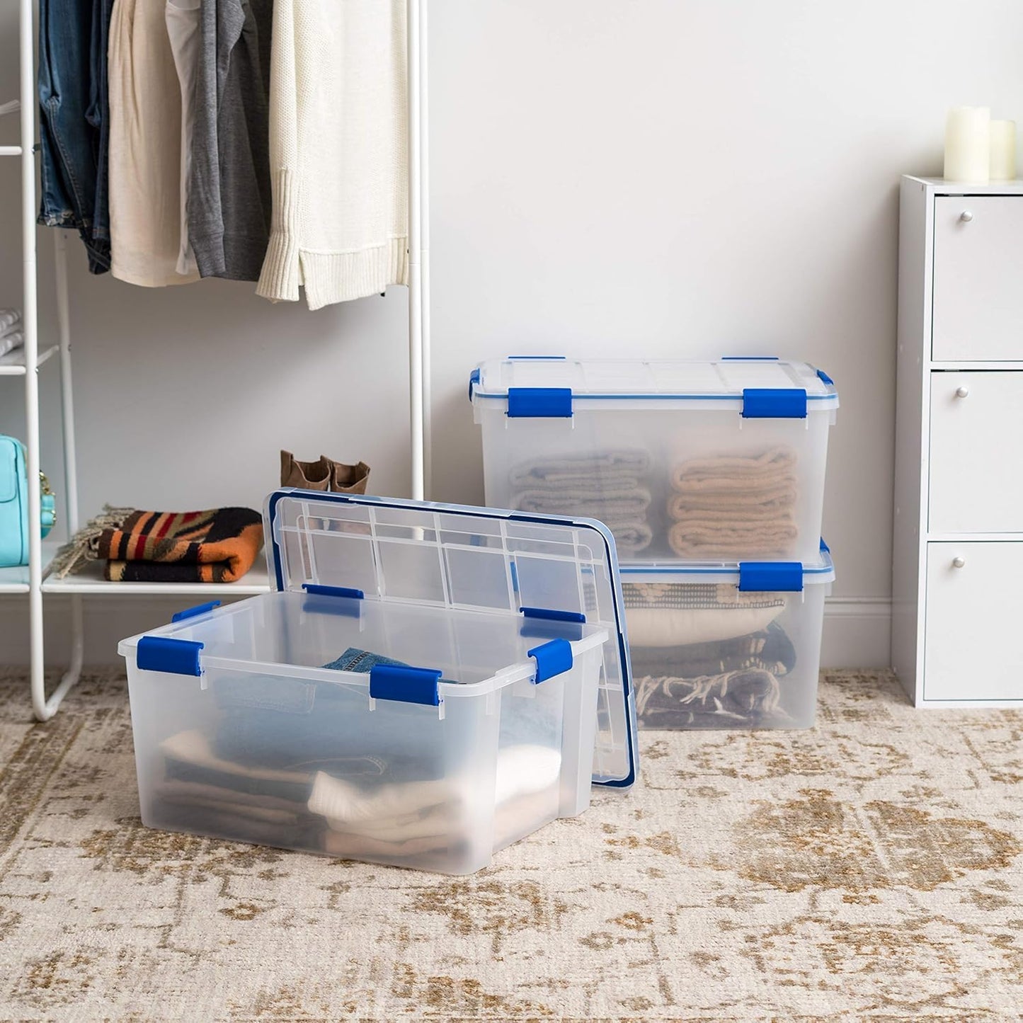 IRIS USA WeatherPro 16 Qt Storage Bins with Lids, 3 Pack, BPA-Free Plastic Gasket Box with Tight Latch and Seal, Stackable Nestable Tote Tub - Clear/Blue