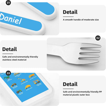 Personalized Stainless Steel Kids Utensils Set Custom Name on Kids Forks Knife and Spoons for 3 Pcs Kid Cutlery Set with Case (Truck)