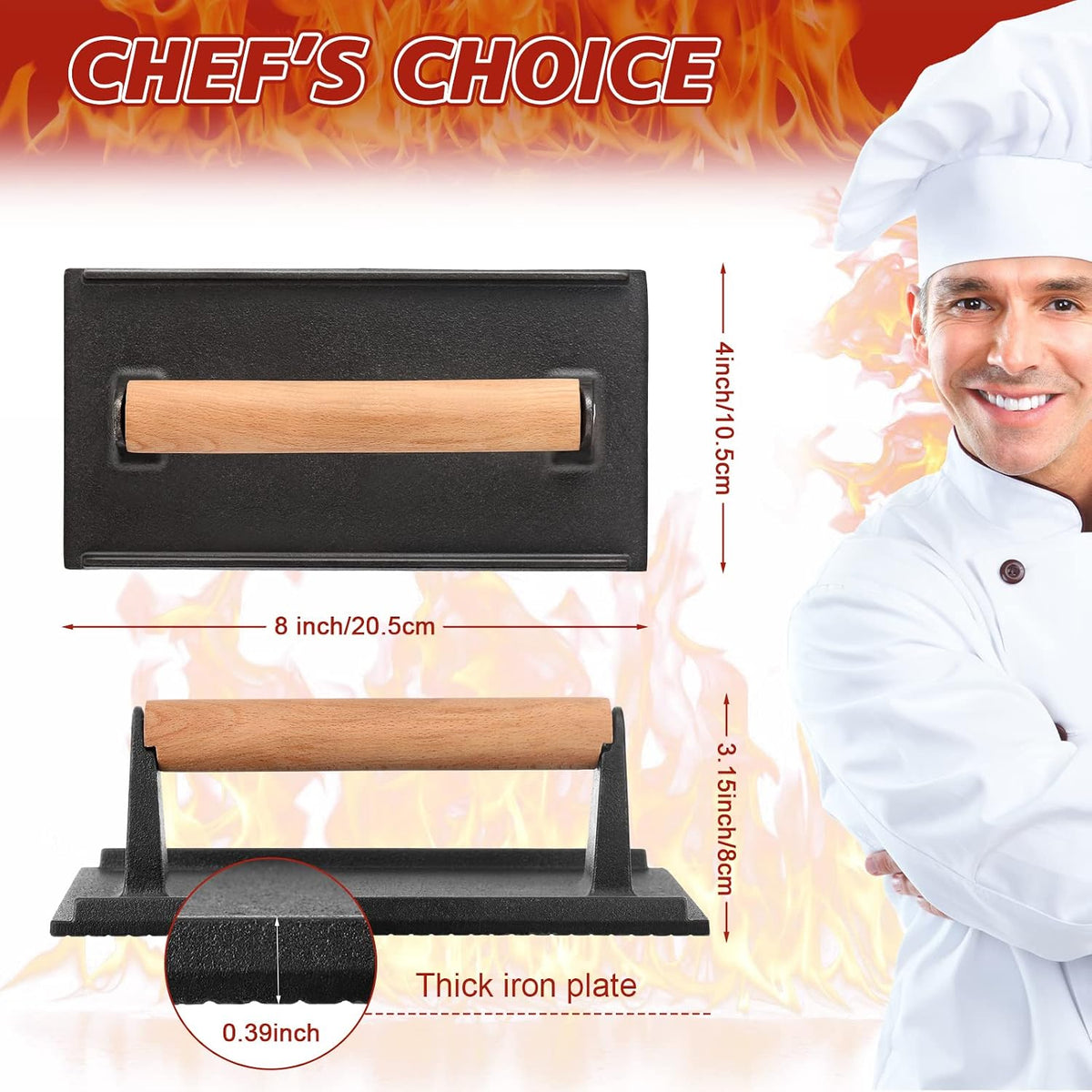 3 Pcs Cast Iron Grill Press 8 x 4 Inch Griddle Hamburger Press