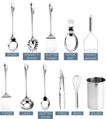 COOK WITH COLOR Kitchen Utensil Set - premium Nonstick & Heat Resistant Kitchen Gadgets, Turner, Spaghetti Server, Serving Spoons, Whisk, Tongs, Masher & Utensil Holder, 10-piece Stainless Steel